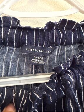 American Eagle Navy Blue Striped Ruffled Top